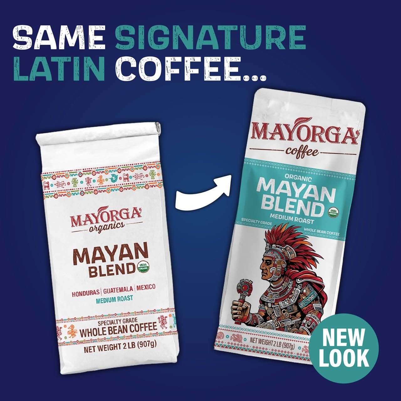 Mayorga Mayan Blend whole beans closeup showing premium organic Arabica.