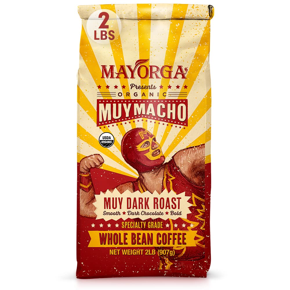 Mayorga Muy Macho roast bag front showing bold organic packaging for a strong brew