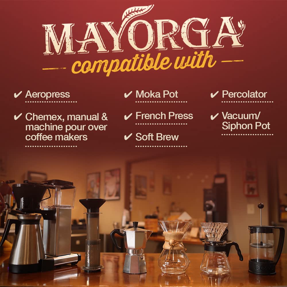Mayorga Muy Macho steaming cup illustrating bold aroma and intense finish