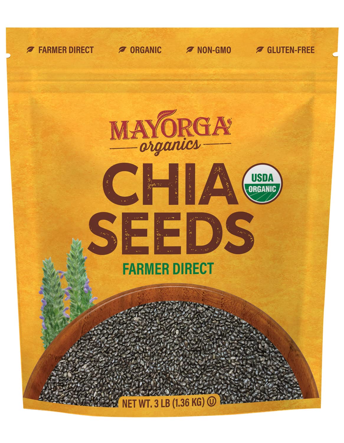 Mayorga Organic chia seeds in a 3lb bag for versatile daily nutrition.