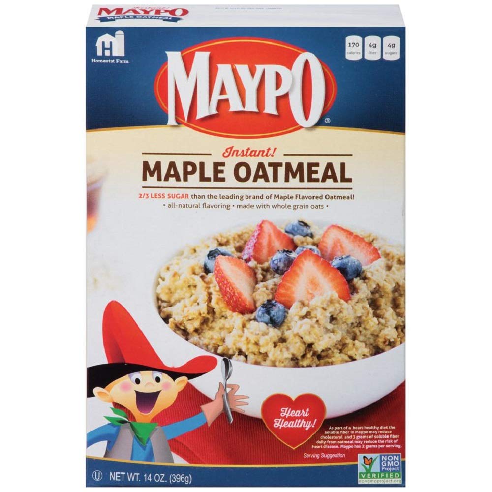 Maypo instant maple oatmeal 3-pack box front, quick fiber-rich breakfast option.