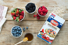 Maypo 3-pack box side view, convenient breakfast with lower sugar.