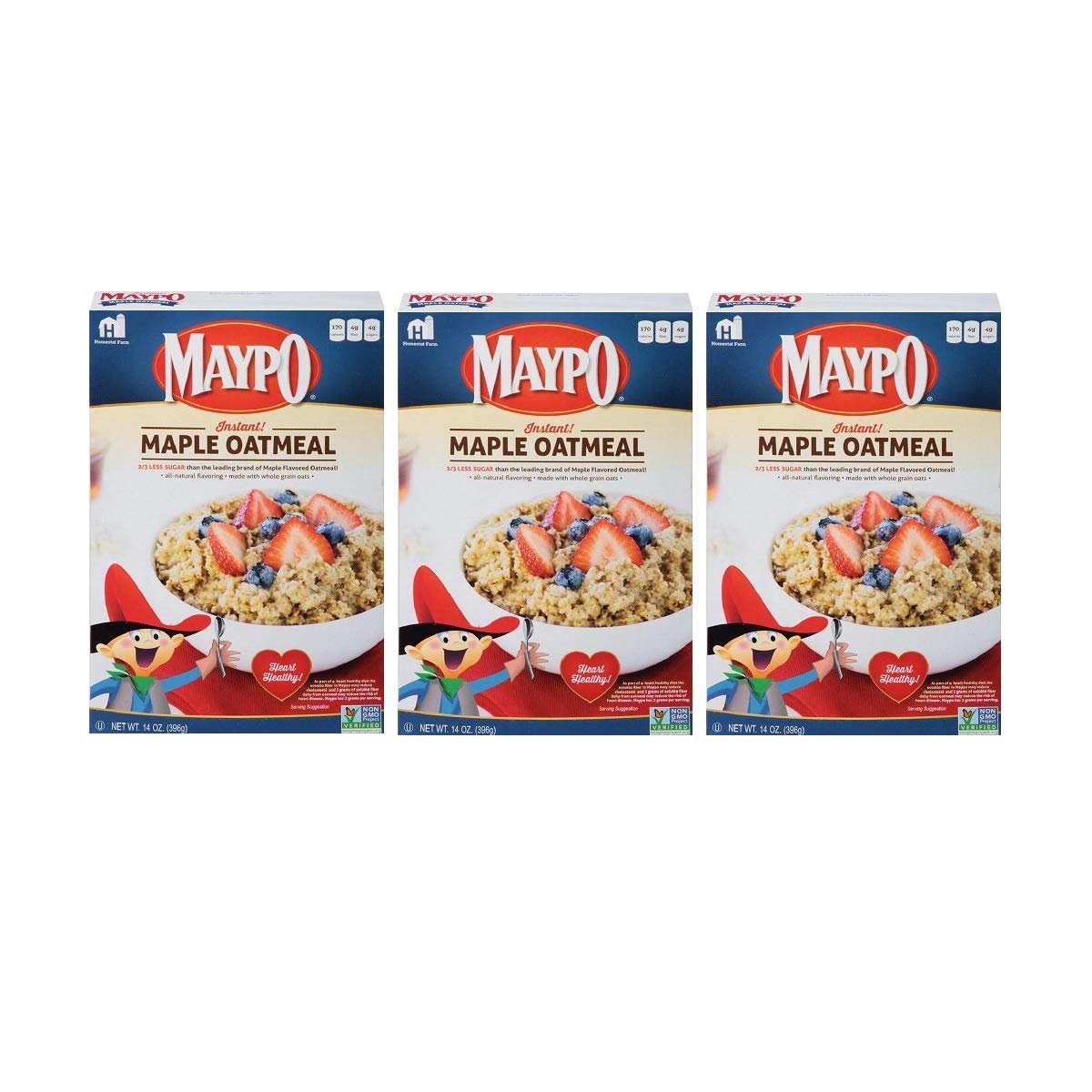 Maypo maple oatmeal nutrition label highlights fiber and serving details.