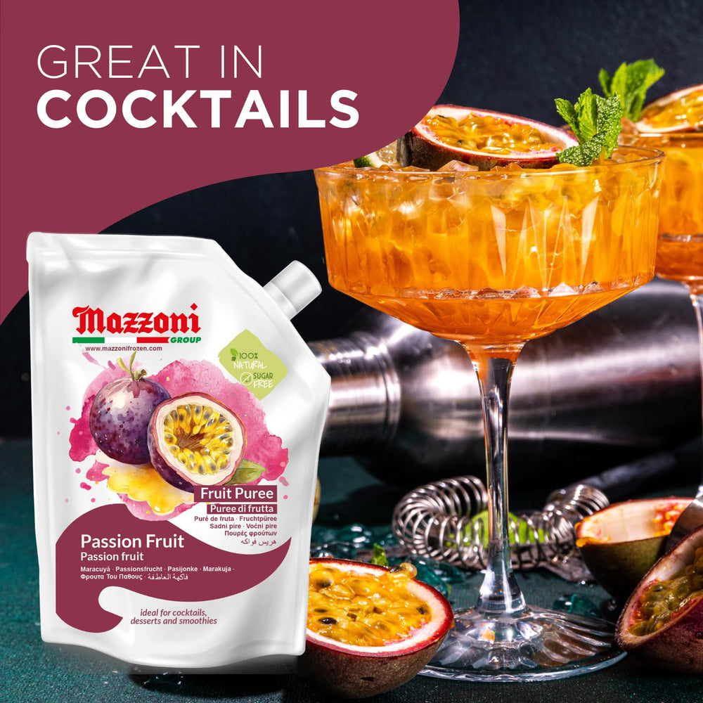 Mazzoni Puree ingredients emphasize 100% passion fruit, no sugar.