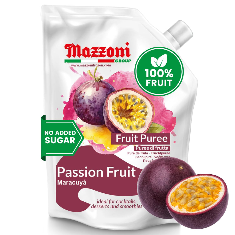 Mazzoni Passion Fruit Puree pouch showcasing convenient storage and fresh flavor.