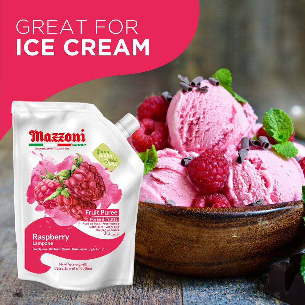 Mazzoni Raspberry Puree open pouch, convenient storage after opening.