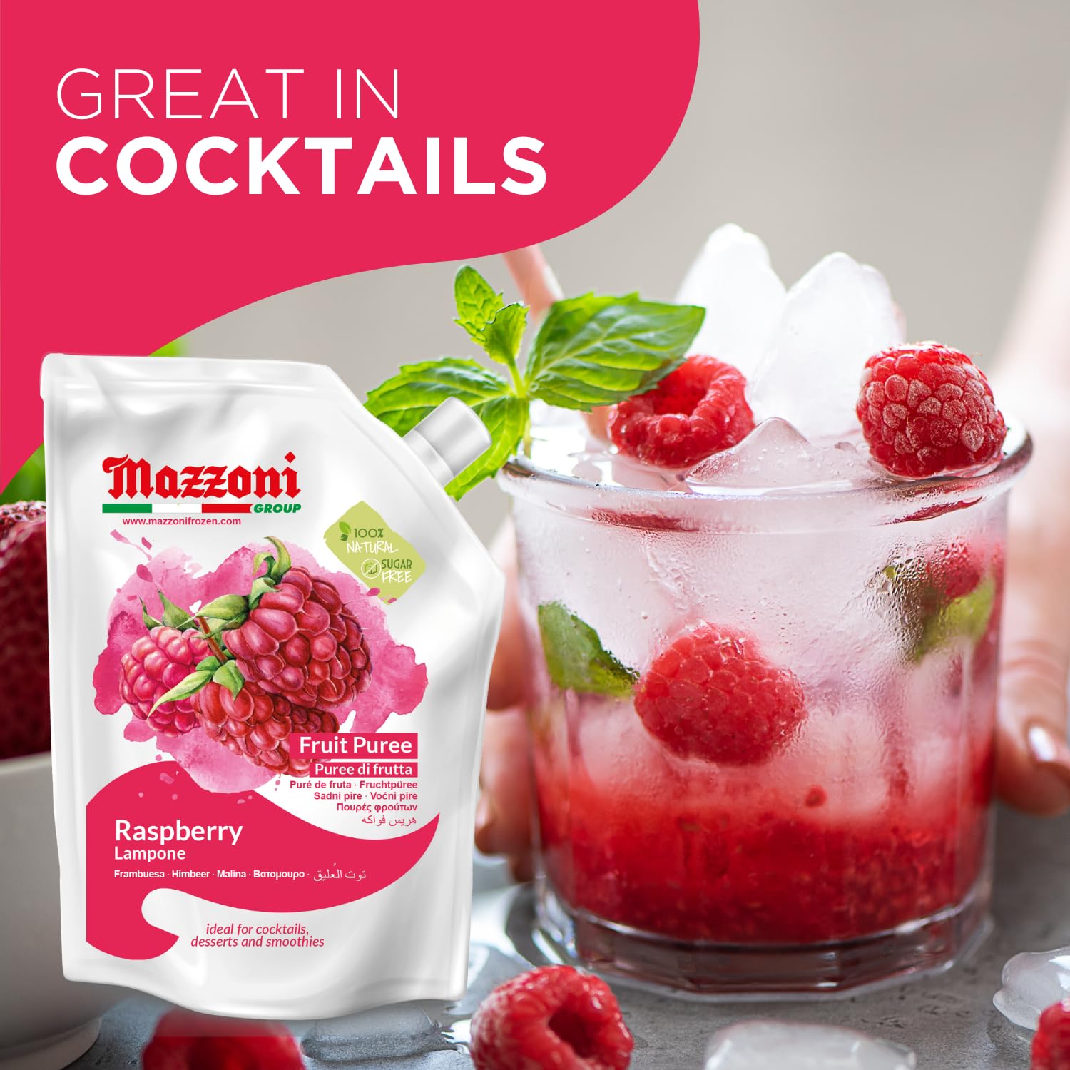 Mazzoni Raspberry Puree rich red color, ideal for drinks.