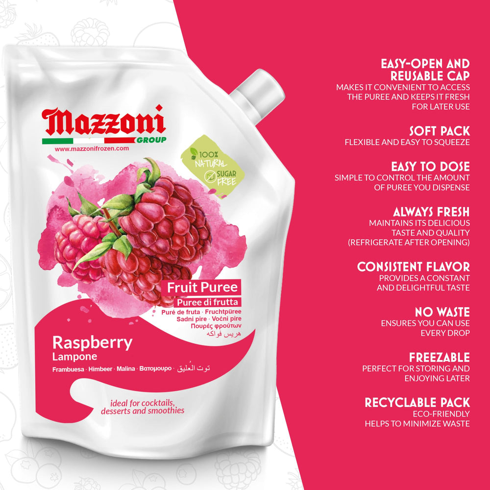 Mazzoni Raspberry Puree texture in a bowl, lush berry details.
