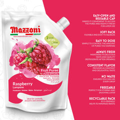 Mazzoni Raspberry Puree texture in a bowl, lush berry details.