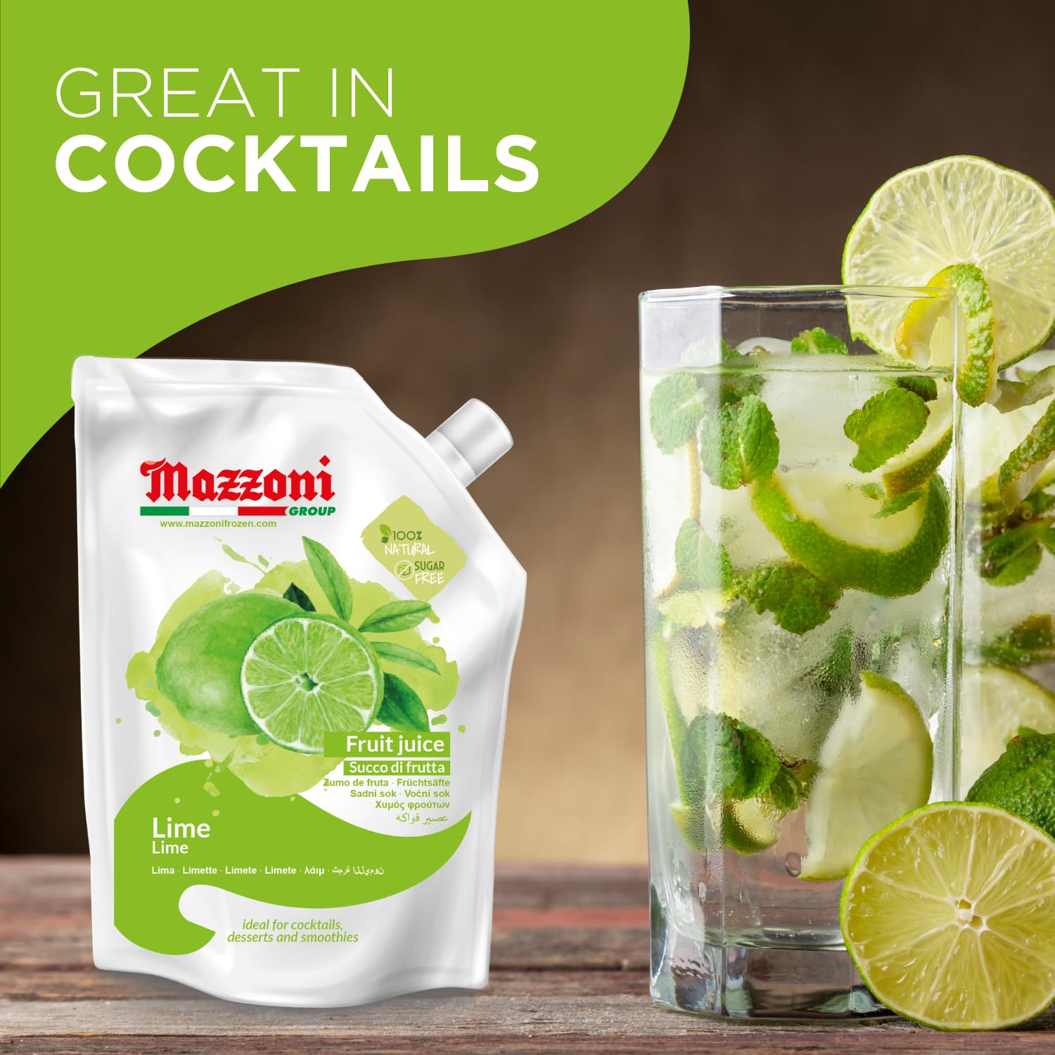 Glass with Mazzoni Real Lime Juice poured, highlighting fresh-squeezed style.