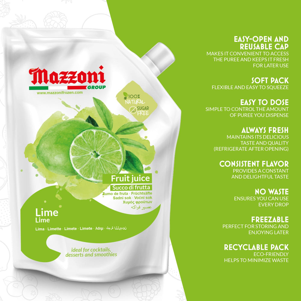 Mazzoni Real Lime Juice label closeup showing 100% purity and Italian origin.