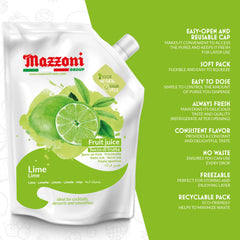 Mazzoni Real Lime Juice label closeup showing 100% purity and Italian origin.