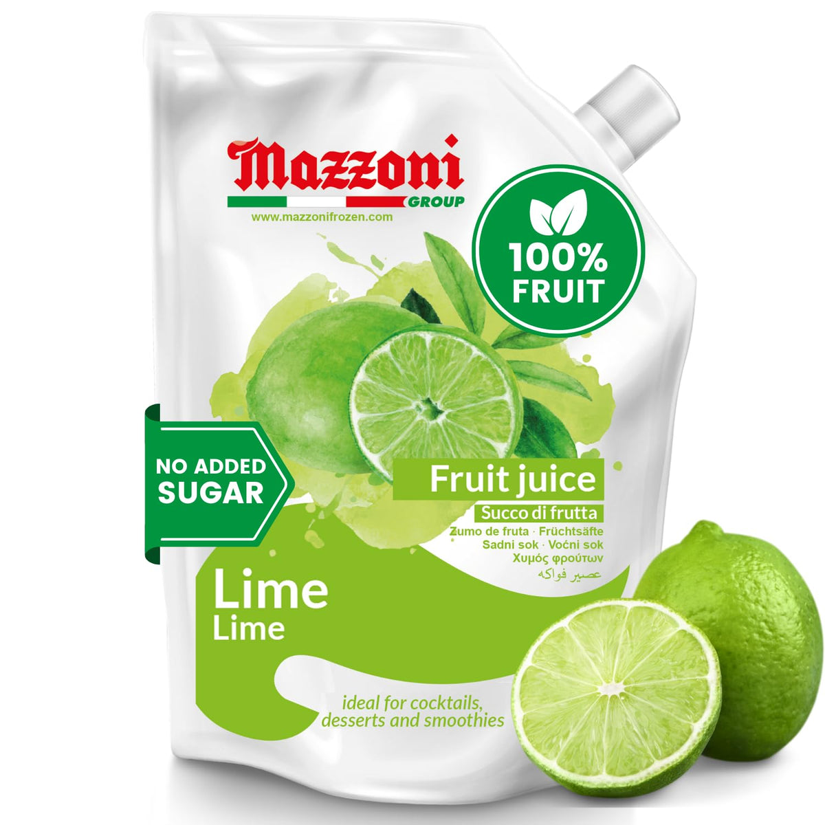 Mazzoni Real Lime Juice pouch front highlights pure citrus flavor for cocktails.