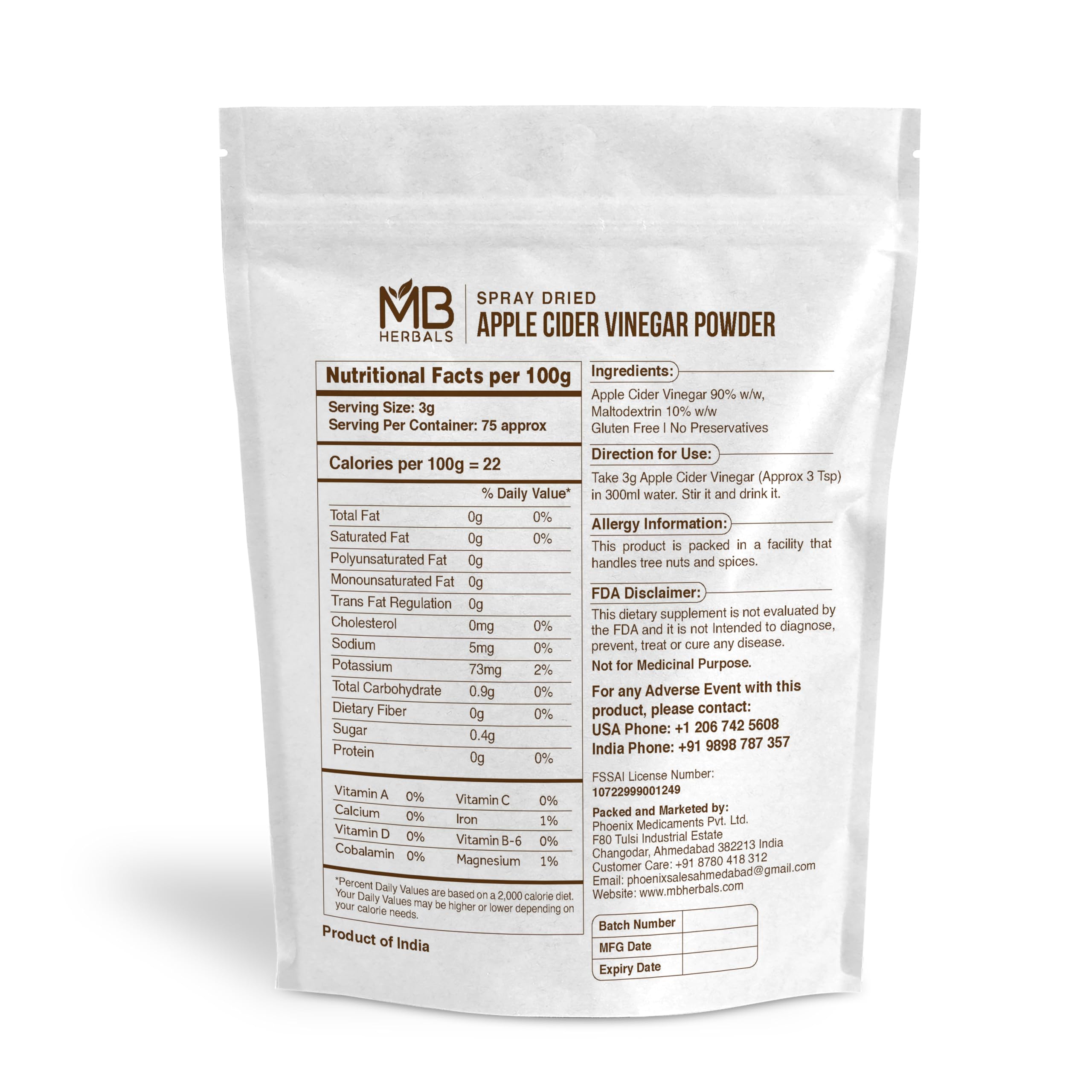 MB Herbals Apple Cider Vinegar Powder pack shows versatile flavoring option