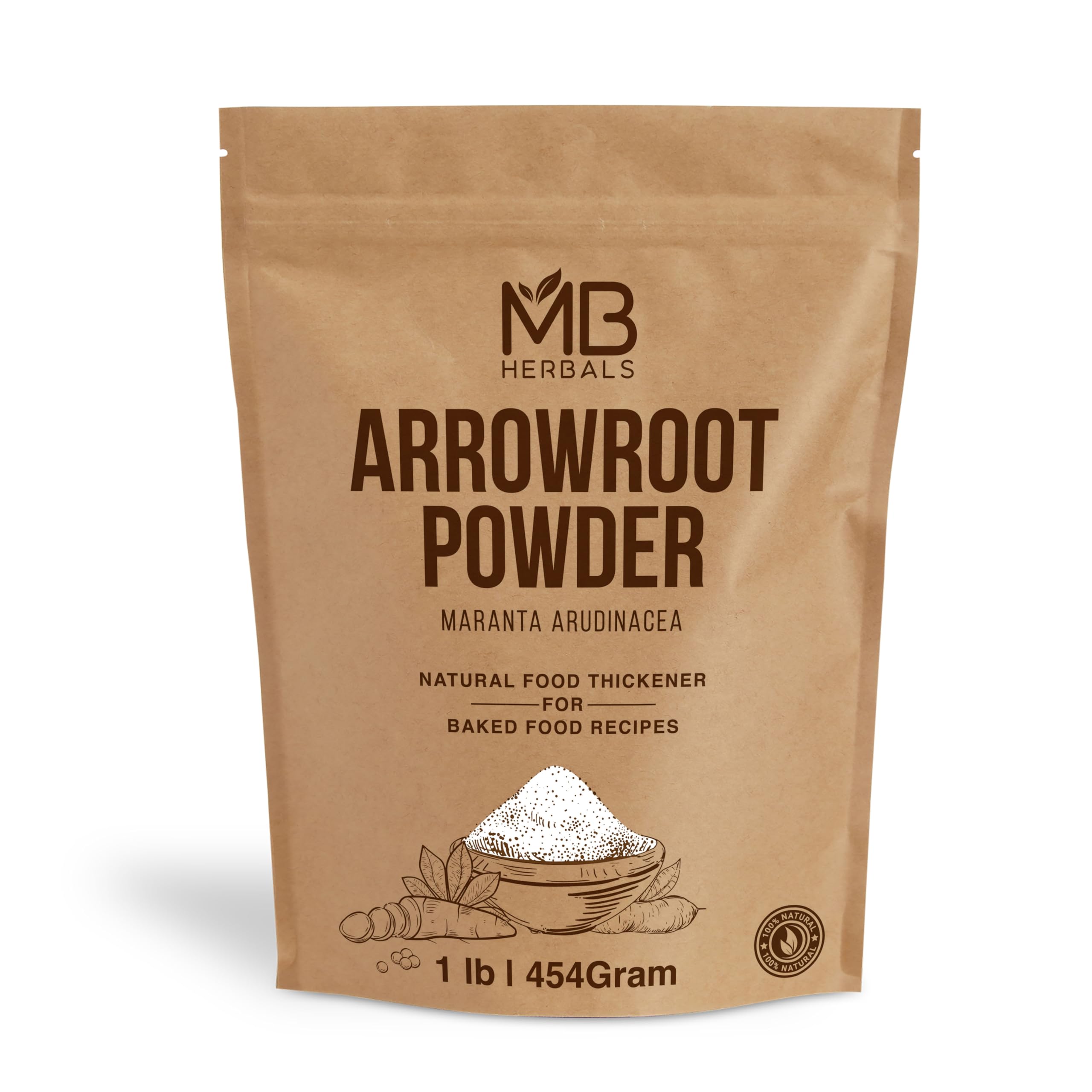 MB Herbals Arrowroot Flour 1lb packaging; gluten-free thickener for sauces.