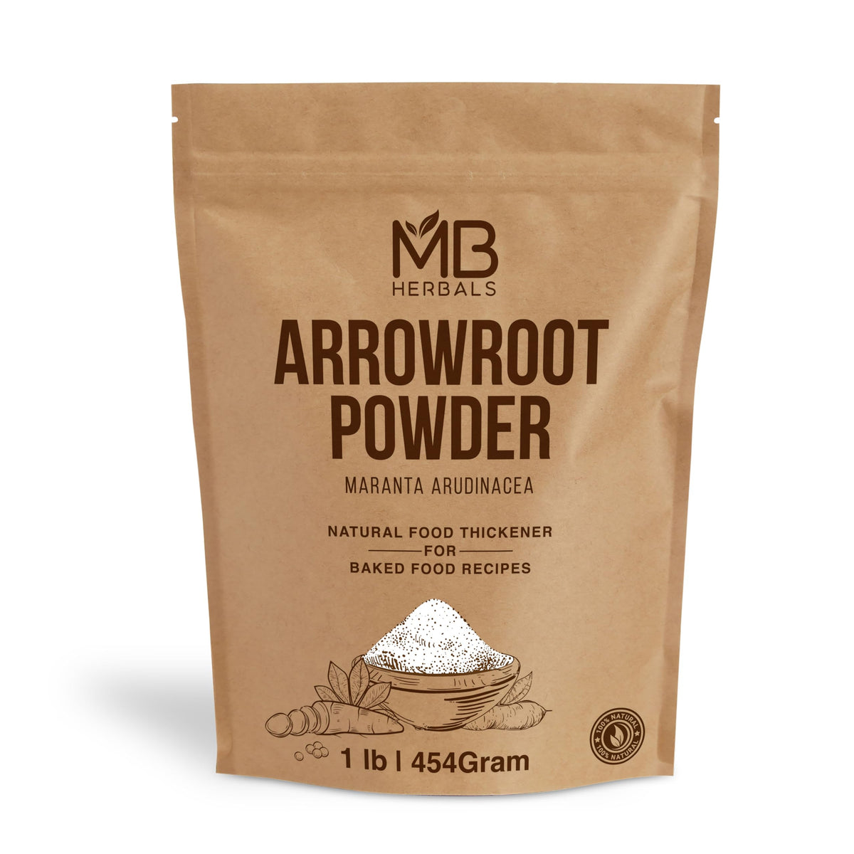 MB Herbals Arrowroot Flour 1lb packaging; gluten-free thickener for sauces.
