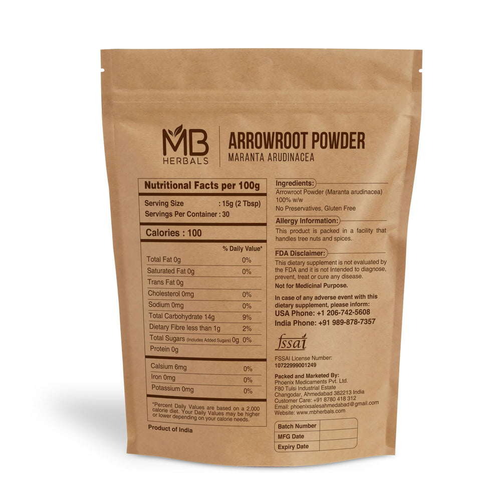 MB Herbals Arrowroot Flour pour bag ready for baking, desserts, and smooth fillings.