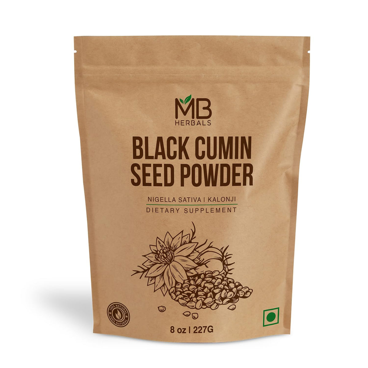 MB Herbals Black Cumin Seed Powder bottle showing pure Nigella sativa for curries and smoothies.