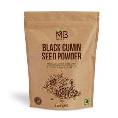 MB Herbals Black Cumin Seed Powder bottle showing pure Nigella sativa for curries and smoothies.