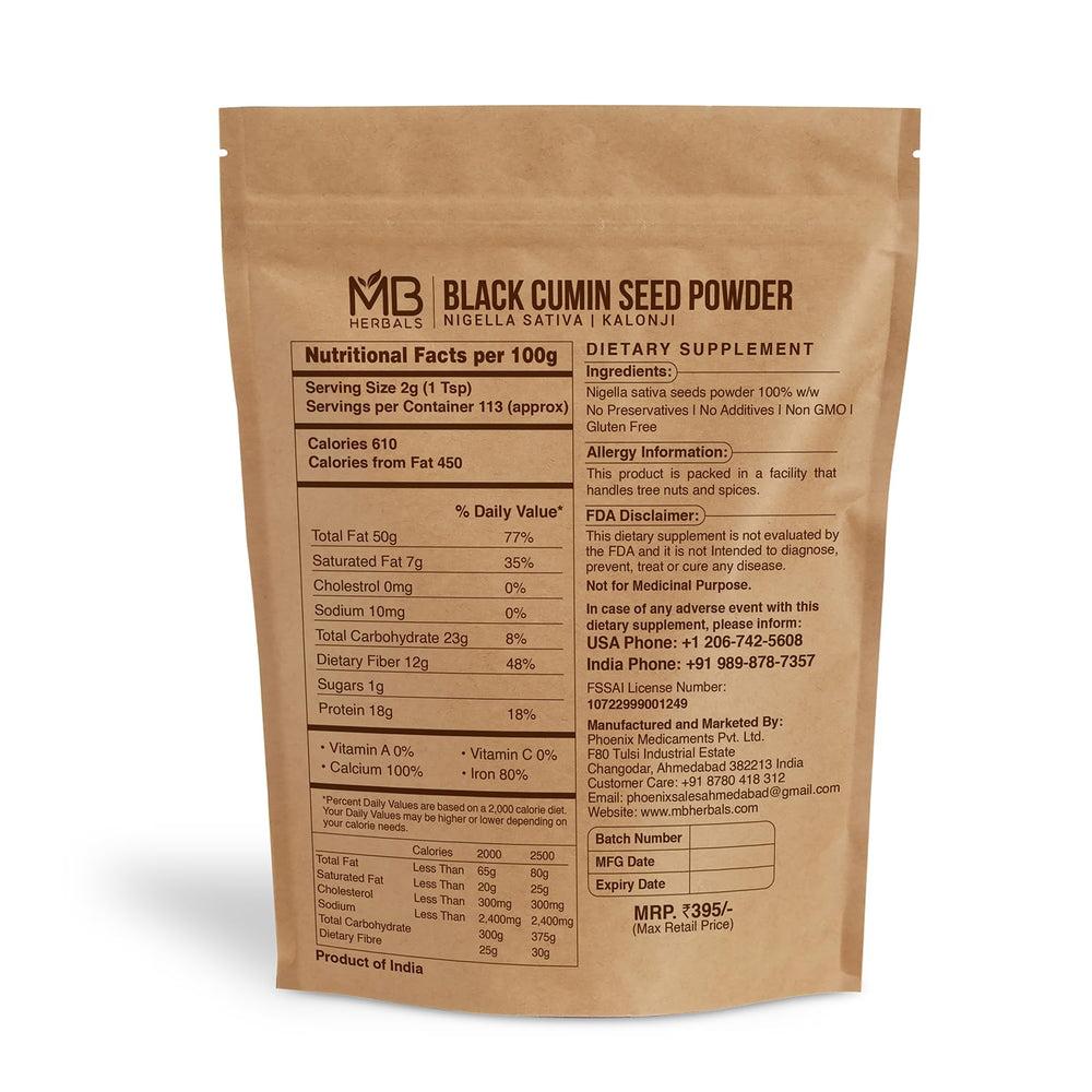MB Herbals Black Cumin Seed Powder jar close-up for cooking and baking.