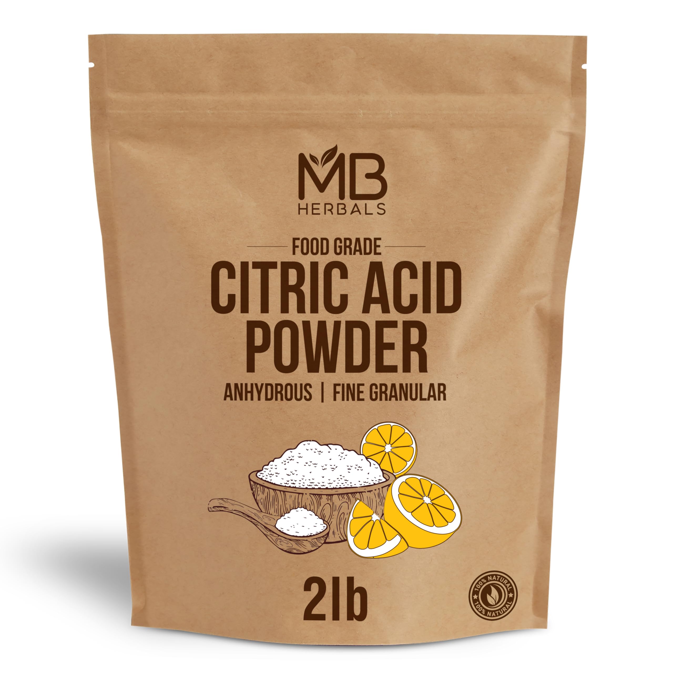 MB Herbals Citric Acid Powder 2 lb pack, ready to dissolve for tartness and preservation.