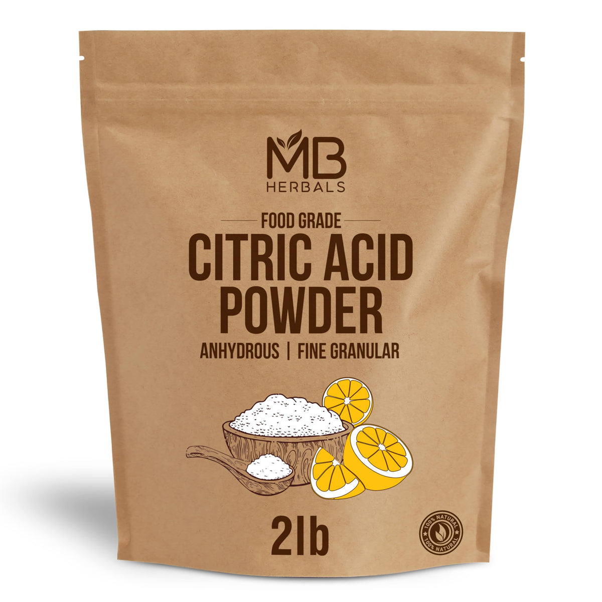 MB Herbals Citric Acid Powder 2 lb pack, ready to dissolve for tartness and preservation.