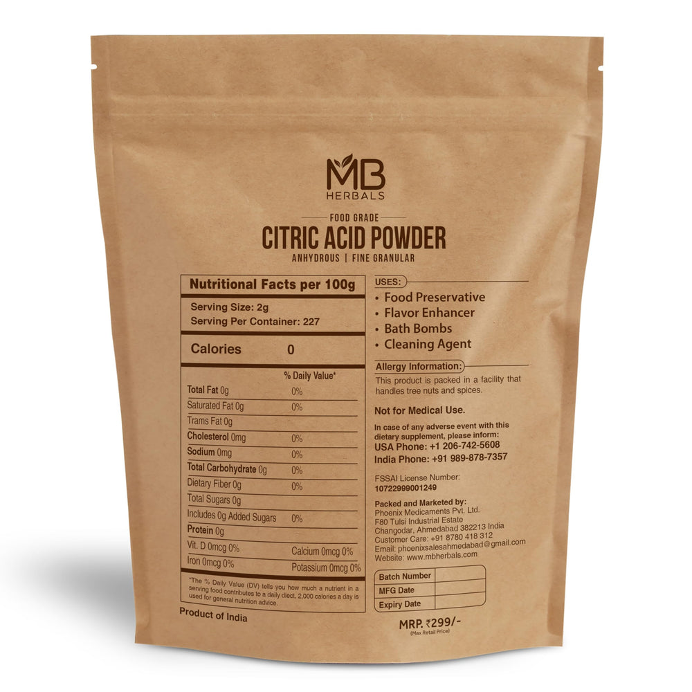 MB Herbals Citric Acid Powder dissolves in water for quick tartness in recipes.
