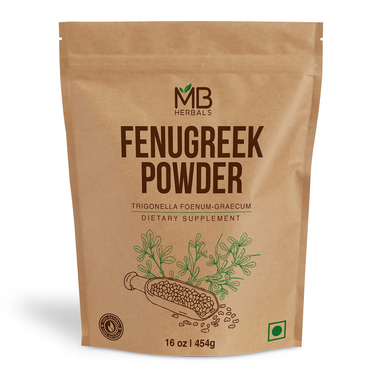 MB Herbals fenugreek powder 1lb bottle close-up, ideal for curries and spice blends.