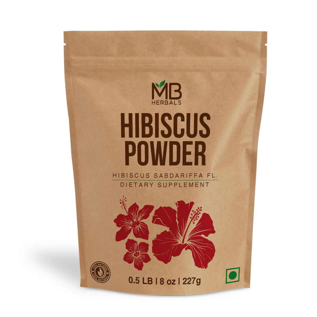 MB Herbals Hibiscus Powder packaging shown for easy storage and use