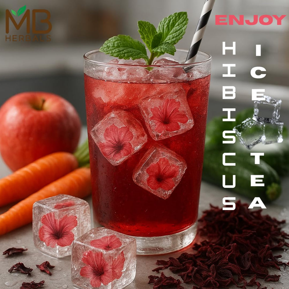 MB Herbals Hibiscus Powder tea-brew showing vibrant color and aroma