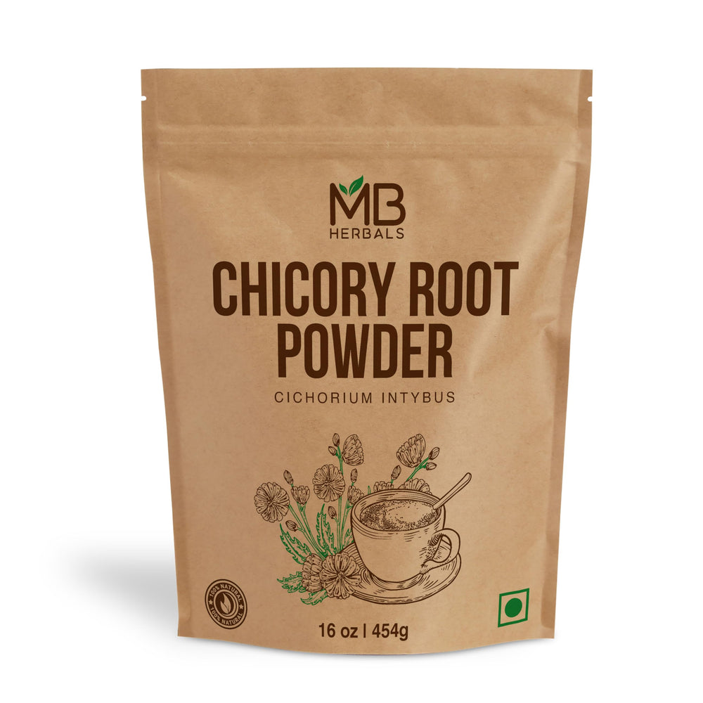 MB Herbals Instant Chicory Powder bottle shows fast-dissolve for quick drinks