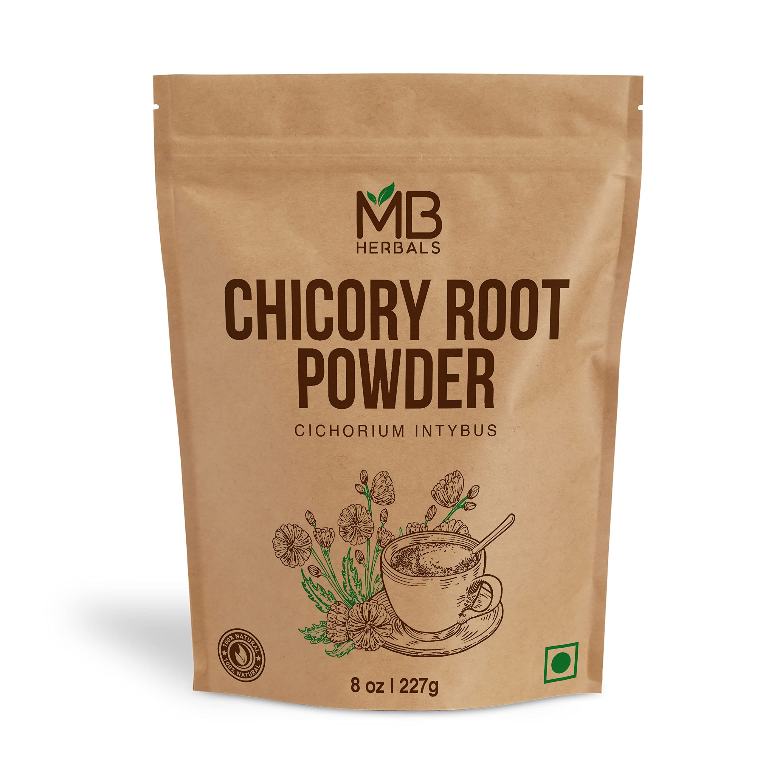 MB Herbals instant chicory powder jar for quick hot beverage preparation
