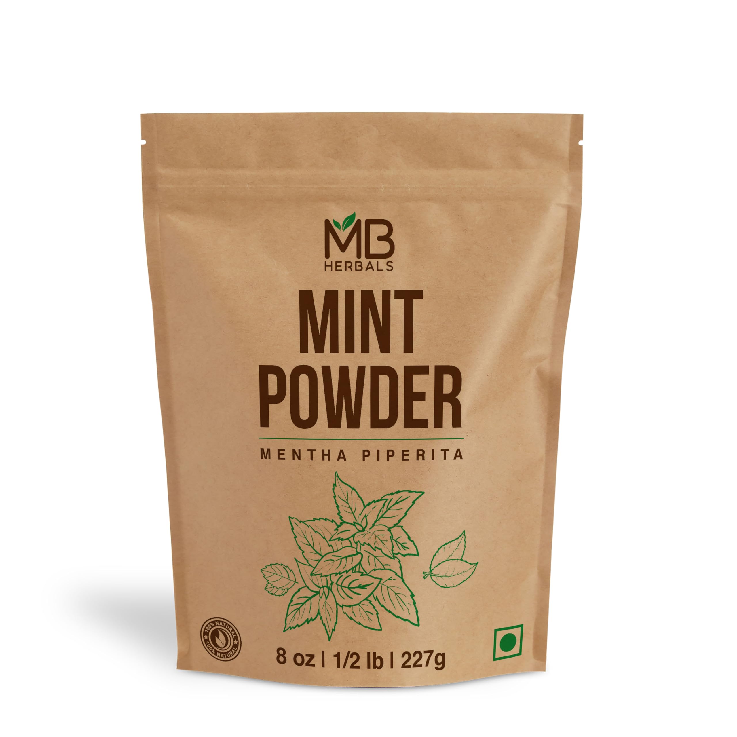 MB Herbals Mint Powder bottle front view for fresh flavoring in salads, soups, and teas.