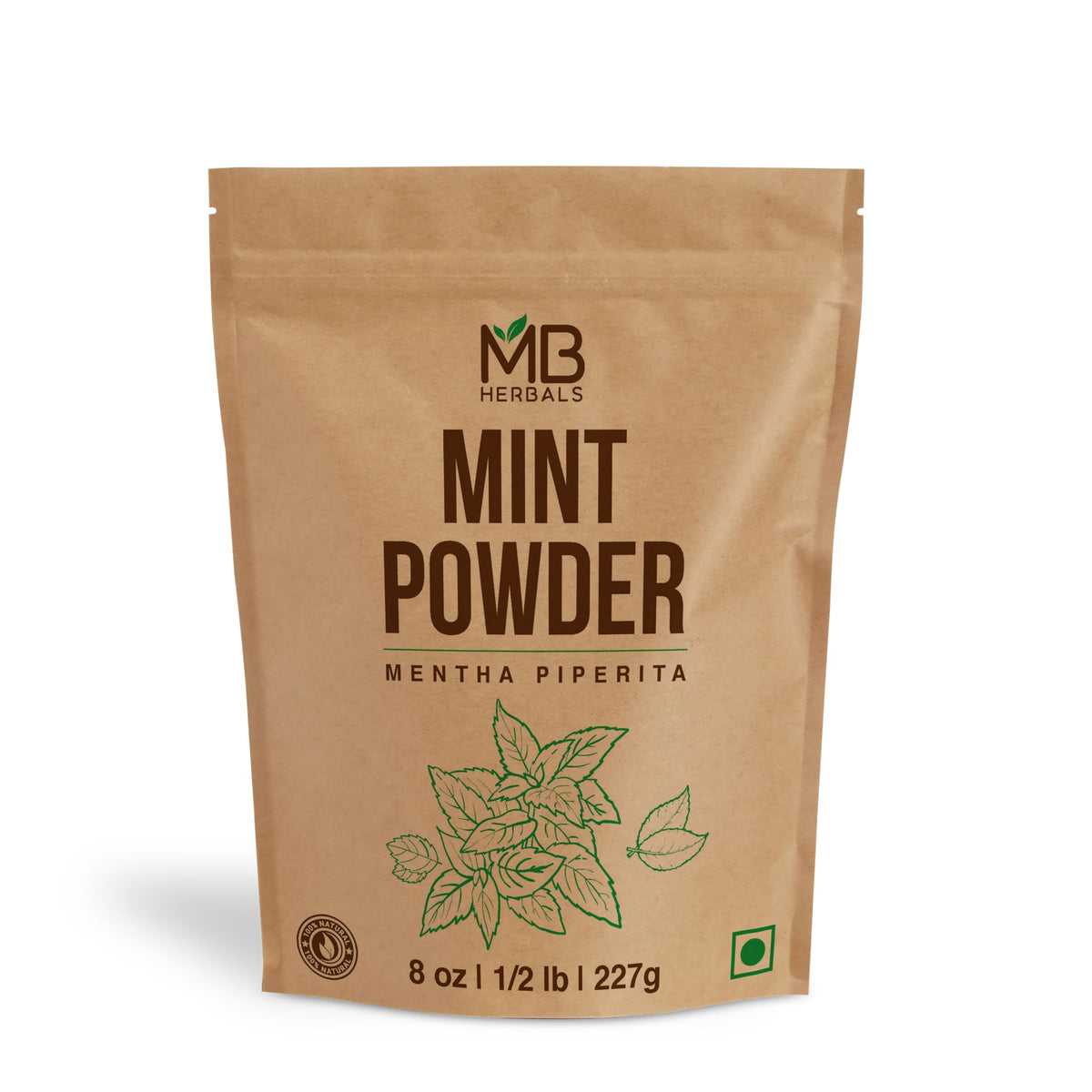 MB Herbals Mint Powder bottle front view for fresh flavoring in salads, soups, and teas.
