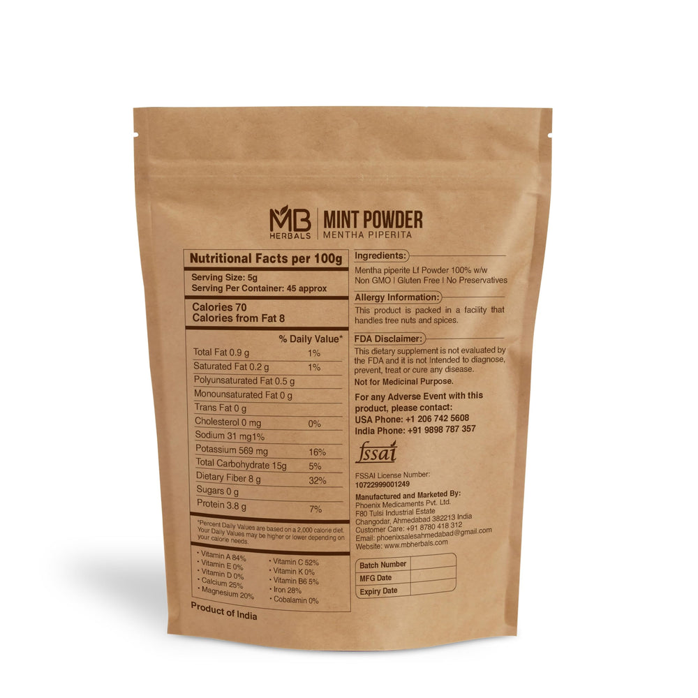 MB Herbals Mint Powder scoop closeup highlighting spray-dried texture and easy dissolution.