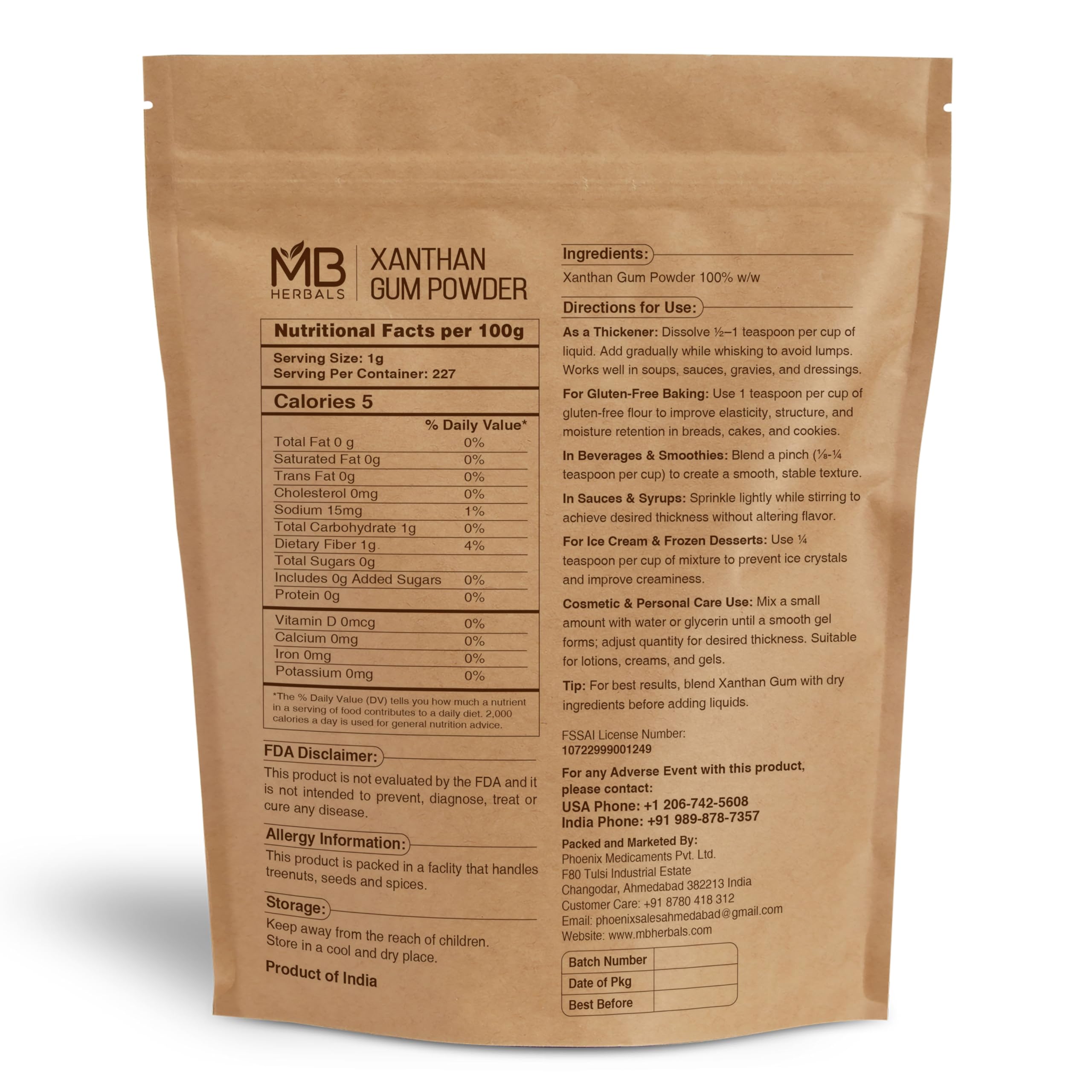 MB Herbals Xanthan Gum sealed pouch preserves freshness for versatile thickening.