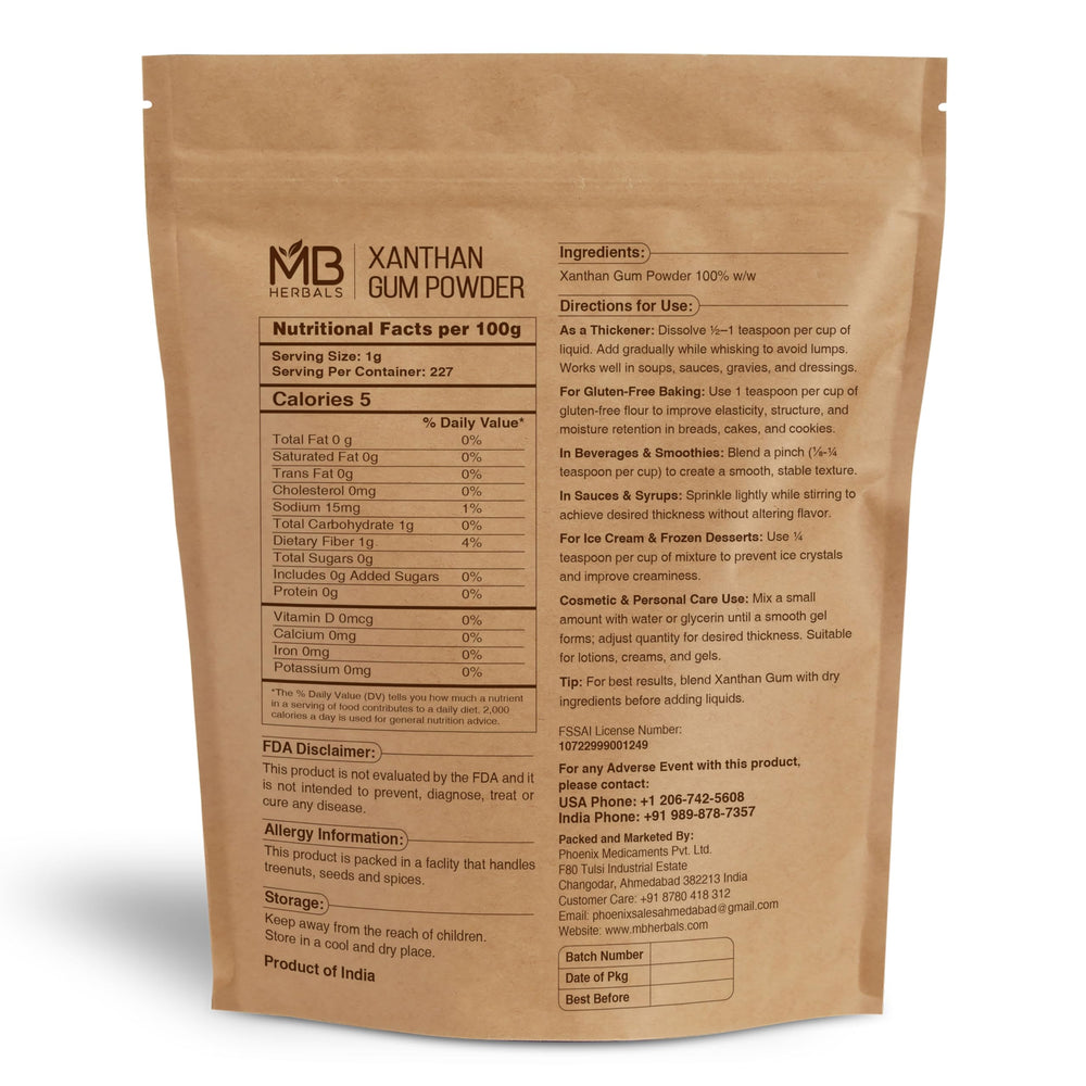 MB Herbals Xanthan Gum sealed pouch preserves freshness for versatile thickening.