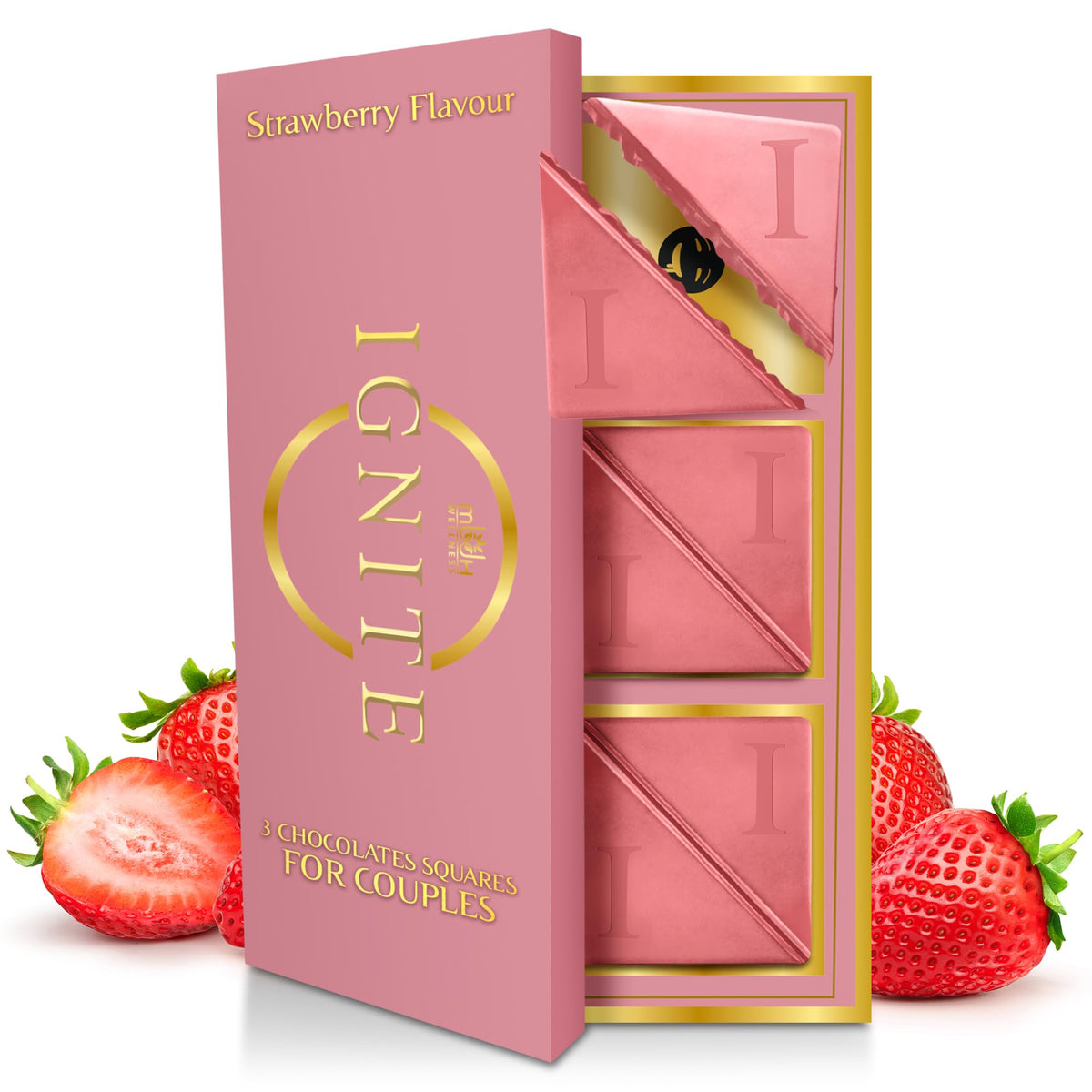 Ignite strawberry chocolate square closeup reveals rich cocoa with fruity strawberry notes.