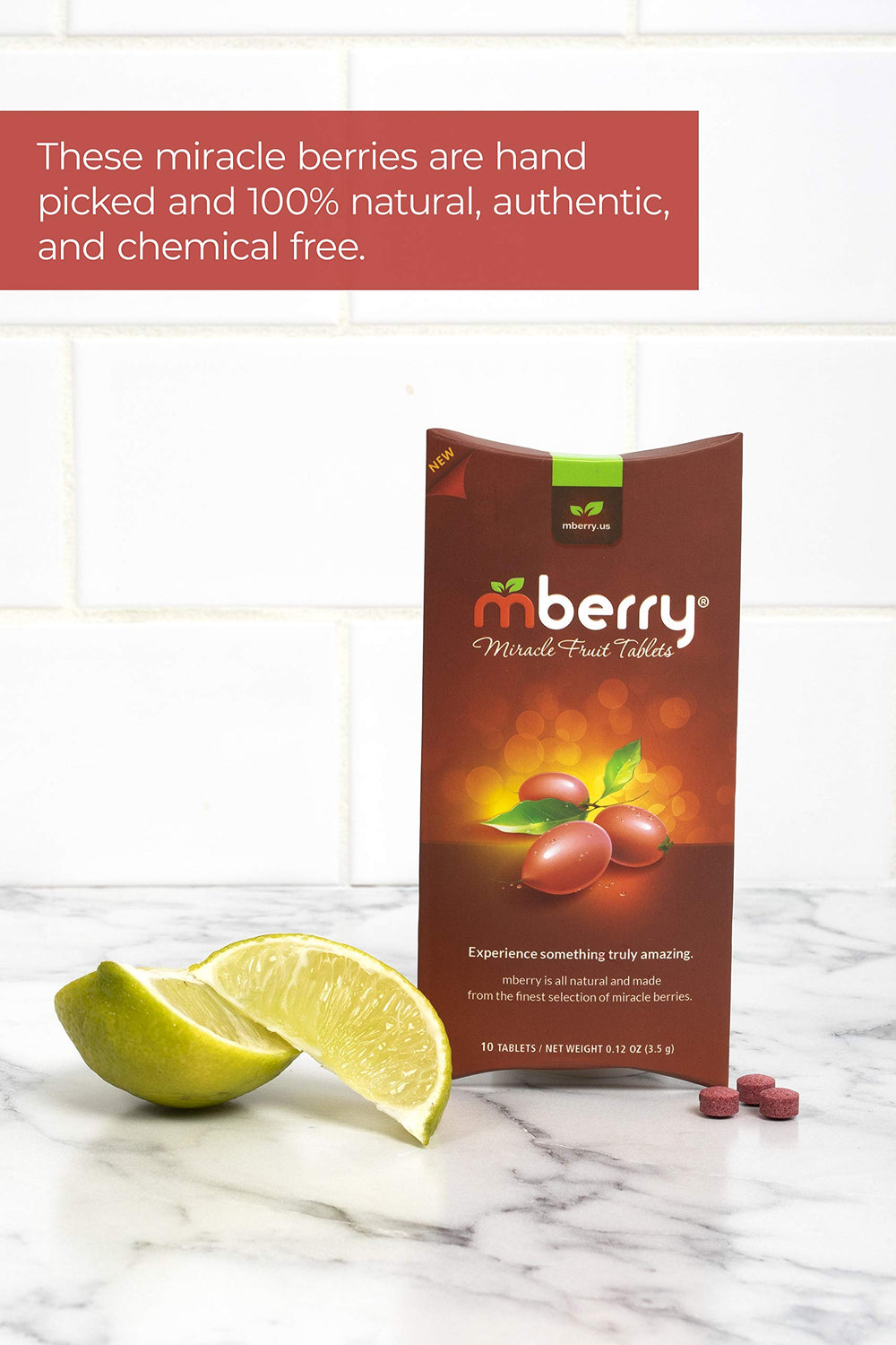 mberry miracle berry tablets beside the label highlighting natural taste potential.