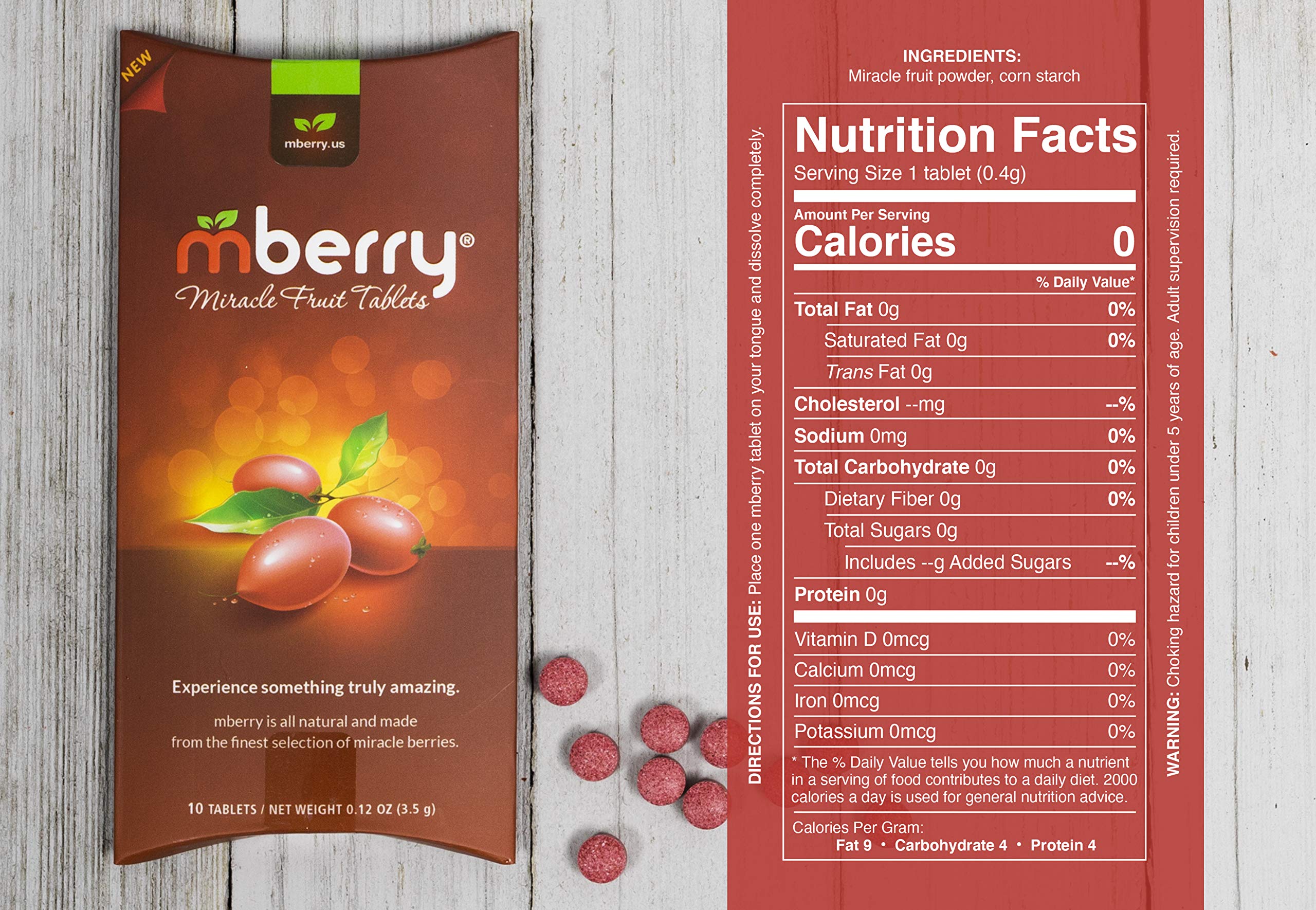 mberry miracle berry tablets package showing 10-count pack for home tastings.