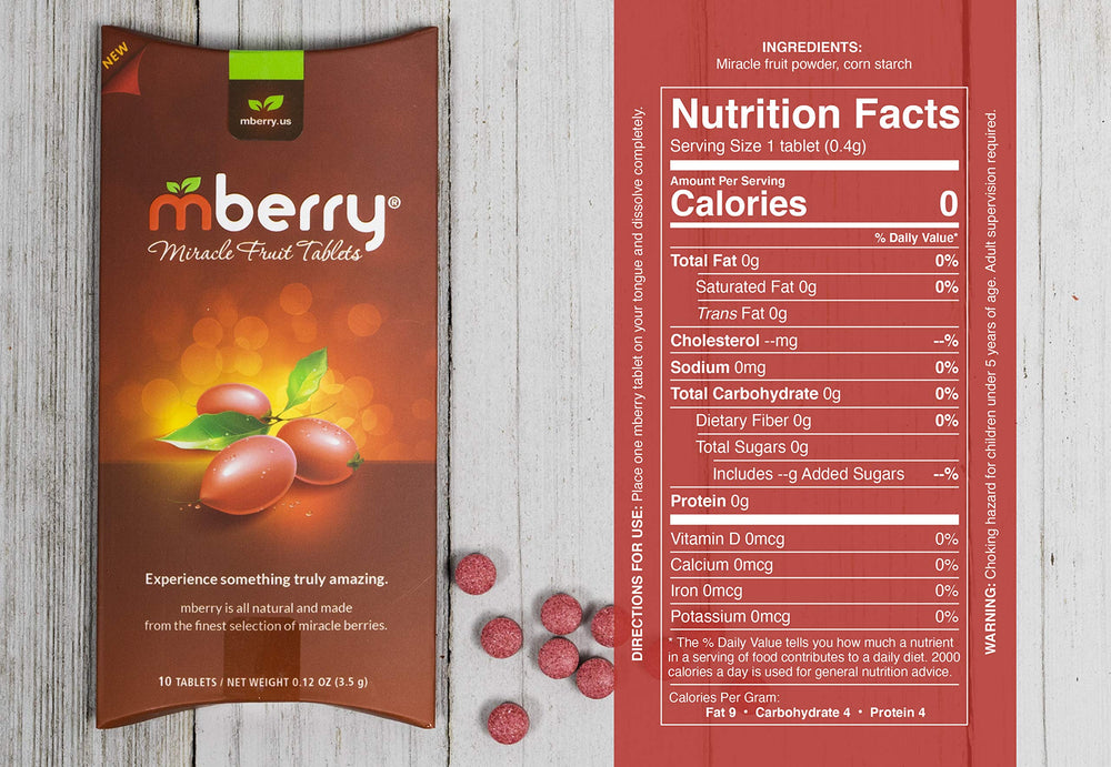 mberry miracle berry tablets package showing 10-count pack for home tastings.