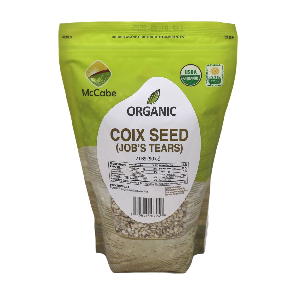 McCabe Organic Coix Seed packaging showing a 2 lb bag, highlighting protein and fiber.