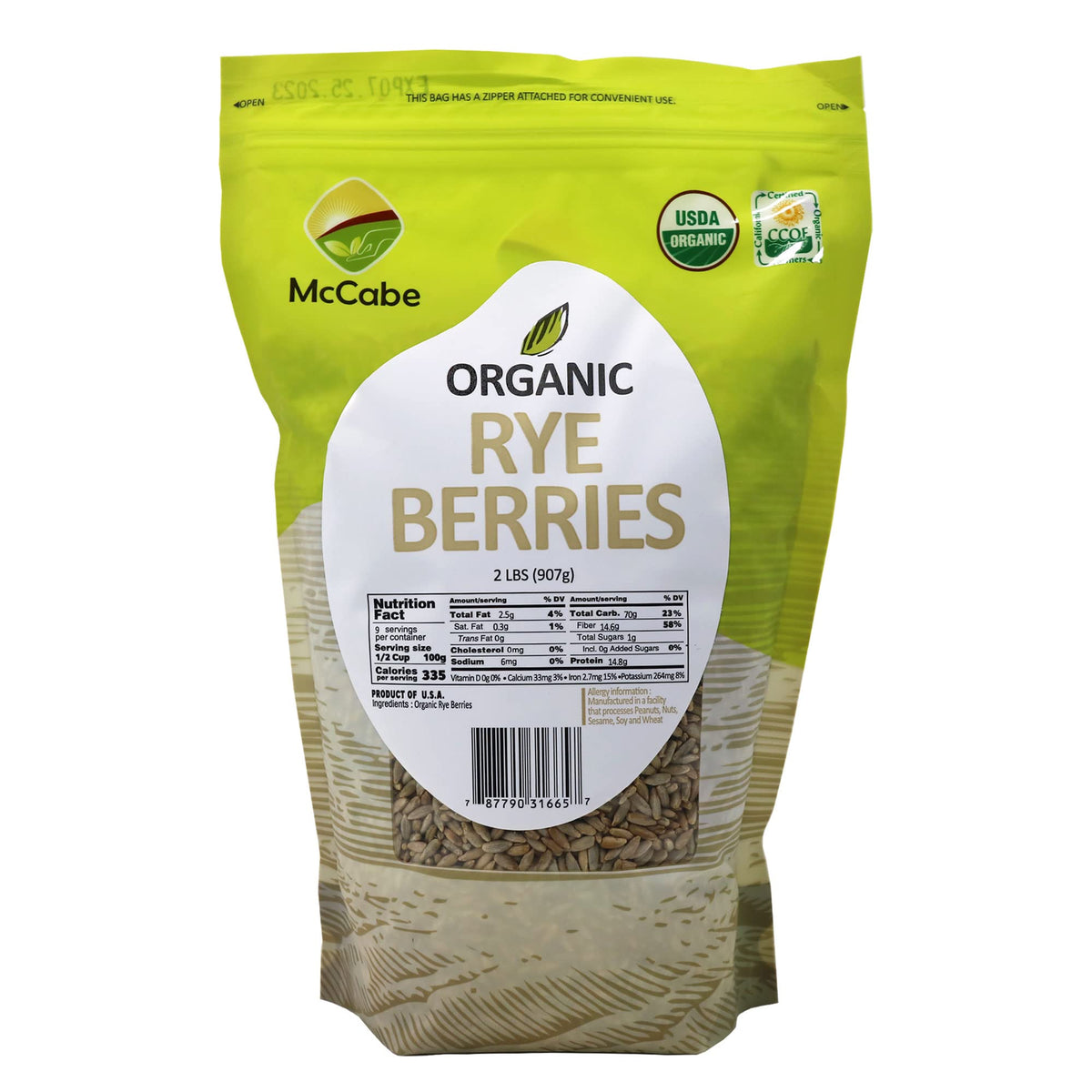 McCabe Organic Rye Berries in bag front, high-fiber whole grain ready for meals