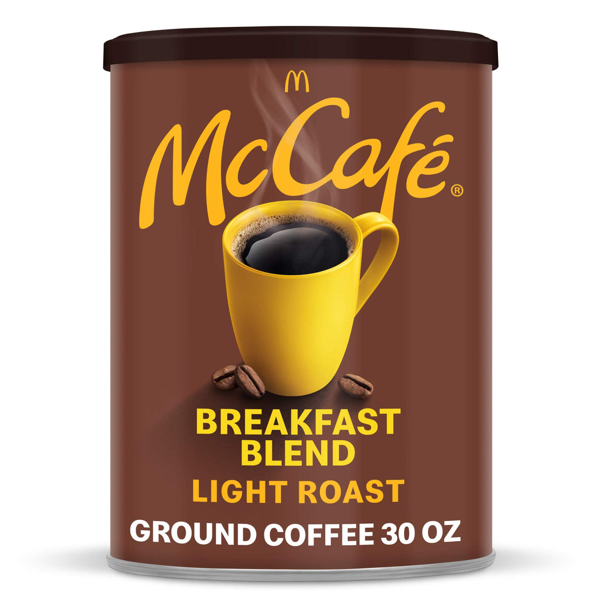 McCafe Breakfast Blend light roast ground coffee in a 30 oz canister for daily brewing.