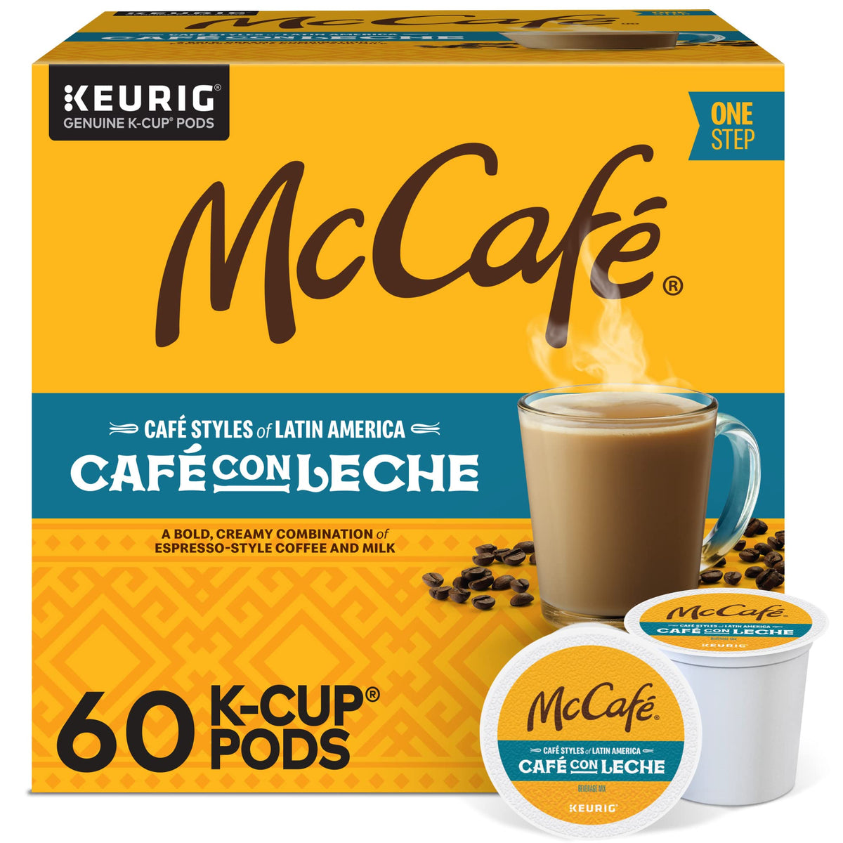 McCafé Cafe con Leche K-Cup pods in package for quick, consistent mornings.