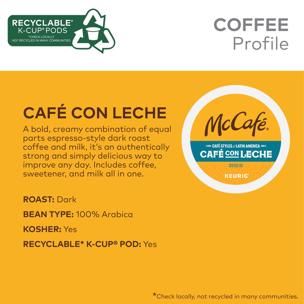 Close-up of McCafé Cafe con Leche K-Cup pods highlighting bold, creamy flavor.