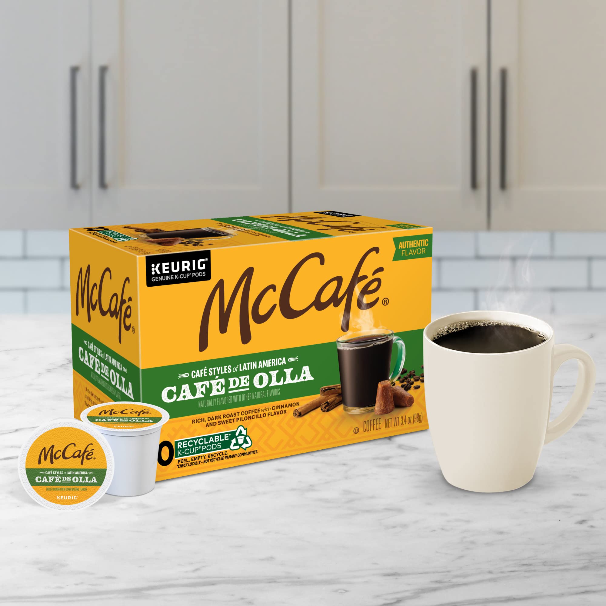 Package label shows 8 oz brew guidance for McCafé coffee.