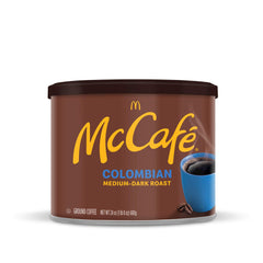 McCafé Colombian ground beans close-up, premium Arabica quality