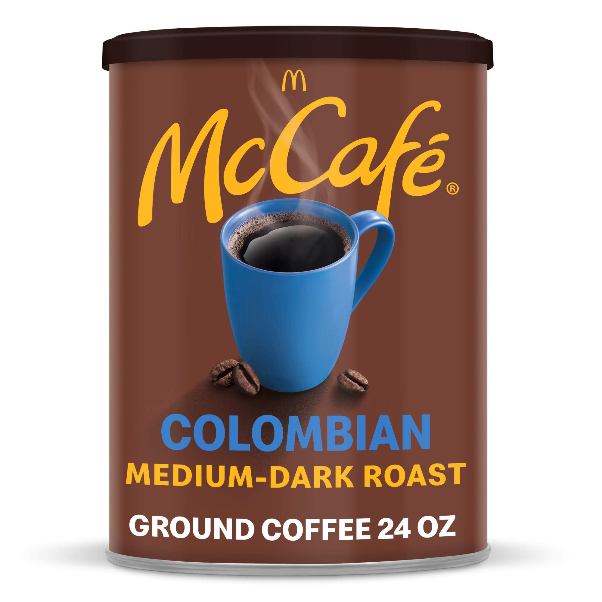 McCafé Colombian ground coffee canister front view, highlighting freshness for home brewing