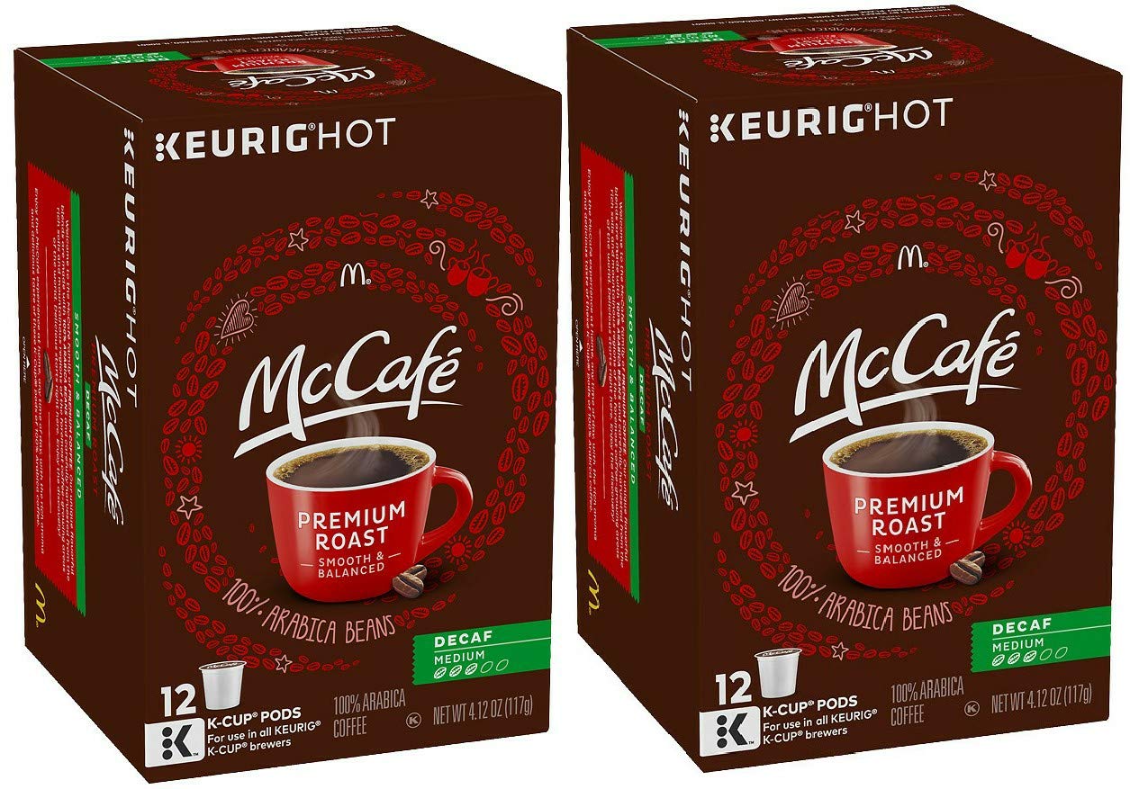 McCafé Decaf K-Cup box front showing 12-count packs for caffeine-free mornings